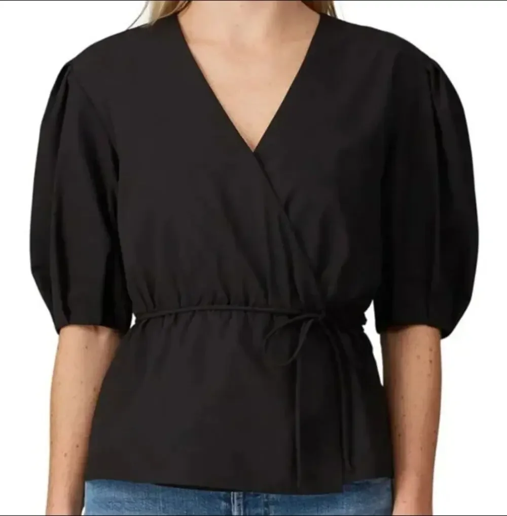 Rebecca Minkoff Mary Wrap Blouse Size XS Black Crepe Puff Sleeve V-Neck